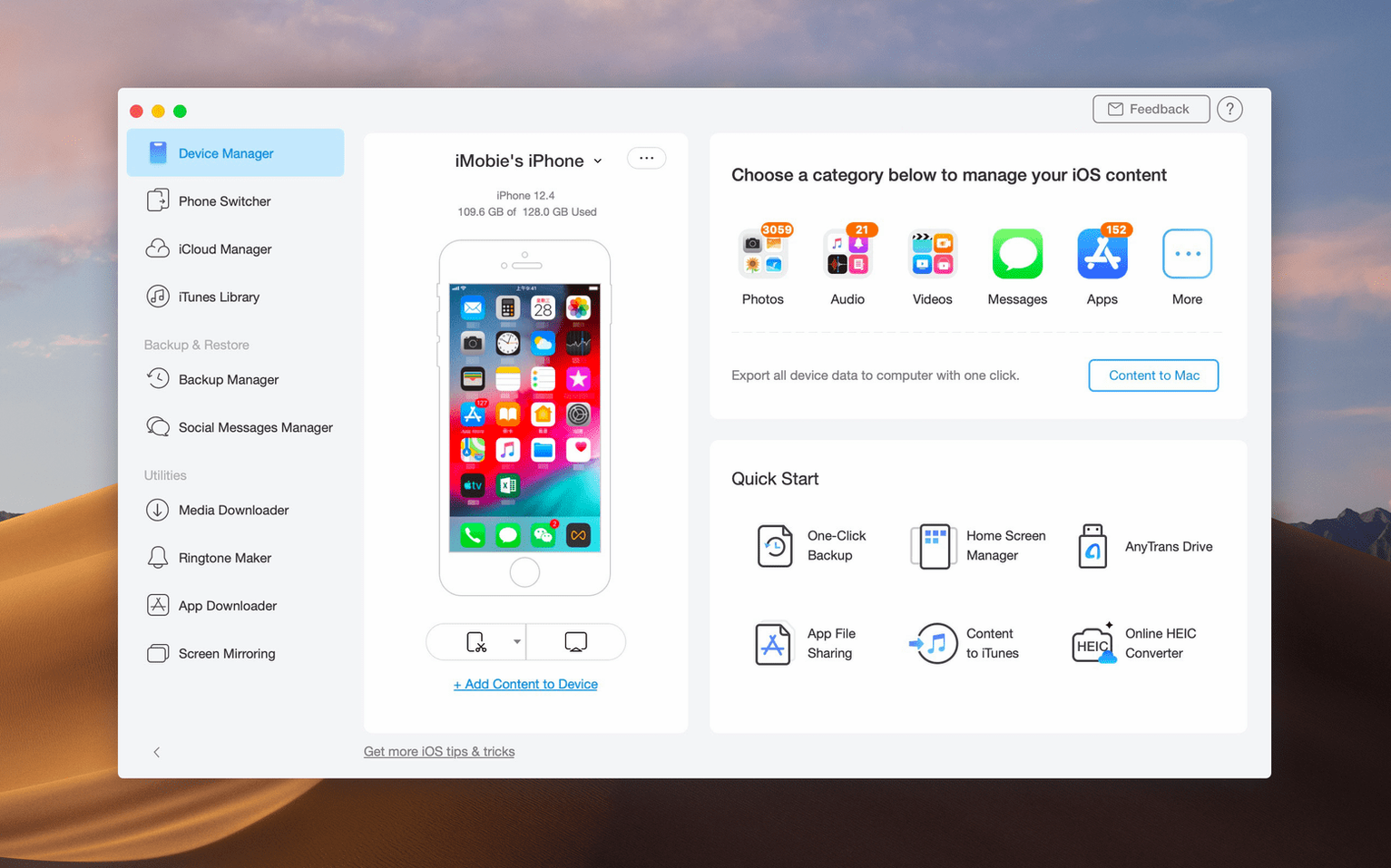 AnyTrans for iOS: view #1 anytrans for ios: overview screen